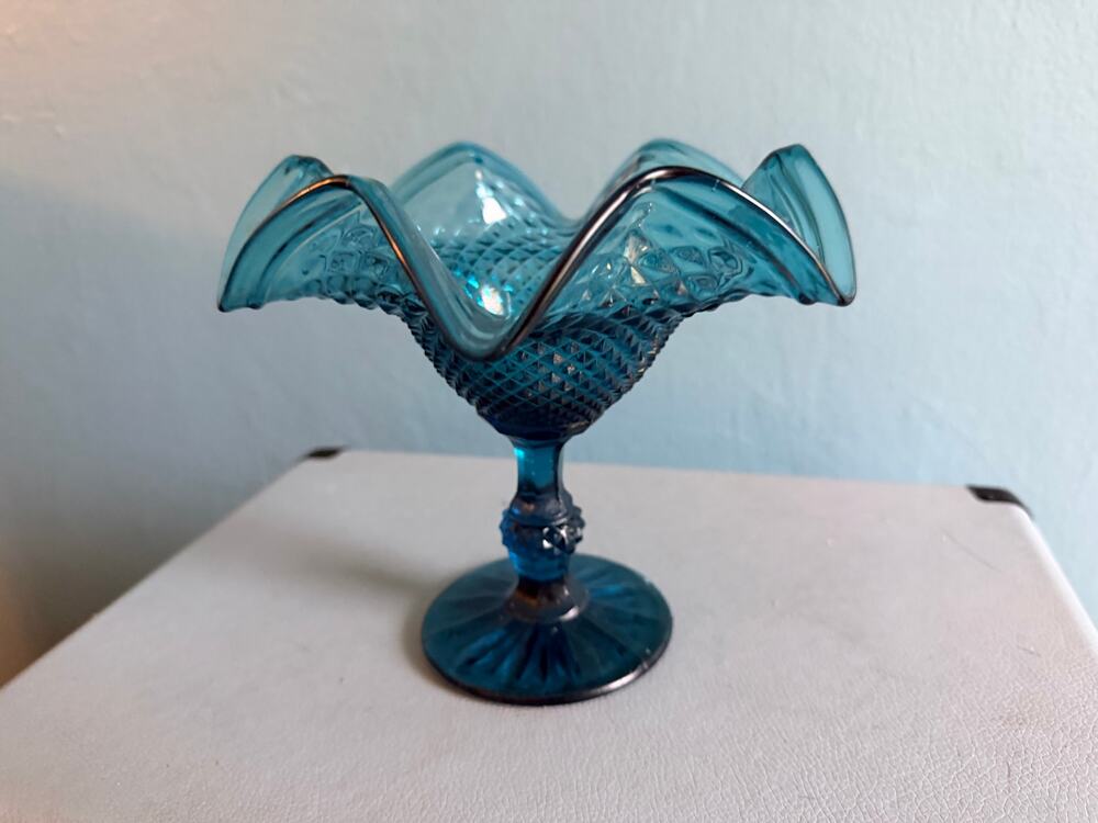 Vintage IVIMA Portugal Teal Blue Diamond Point Ruffled Compote Candy Dish MCM